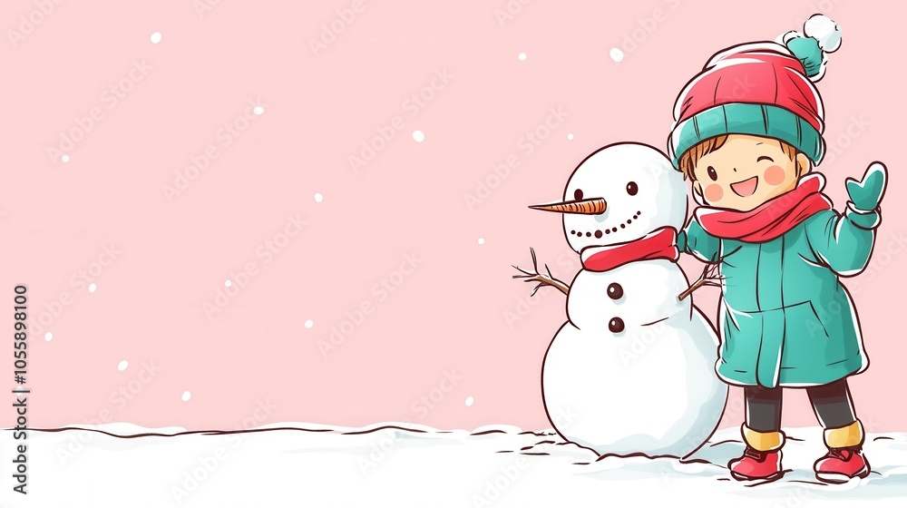 Joyful Child with Snowman in Winter Wonderland Joyful Child with Snowman in Winter Wonderland