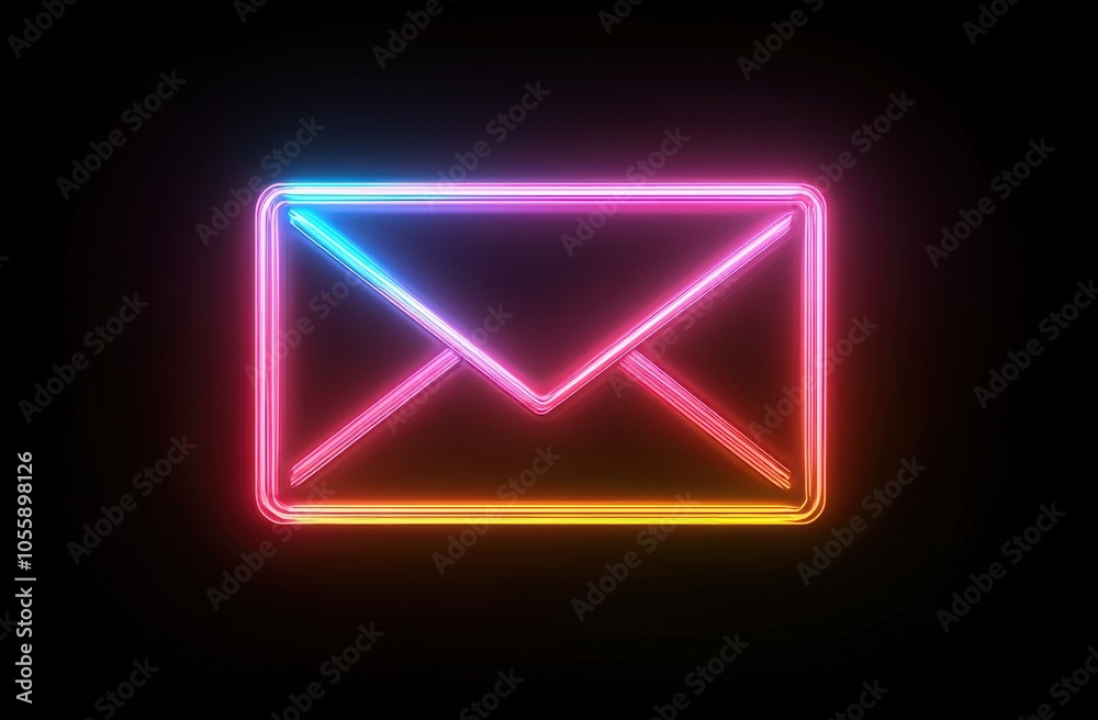 Neon envelope icon on a dark background, vibrant colors, glowing effect. Neon envelope icon on a dark background, vibrant colors, glowing effect.