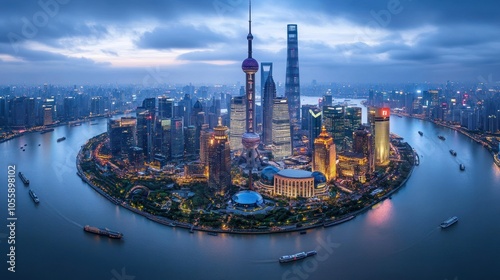 Aerial View of Shanghai Skyline at Dusk with the Huangpu River photo