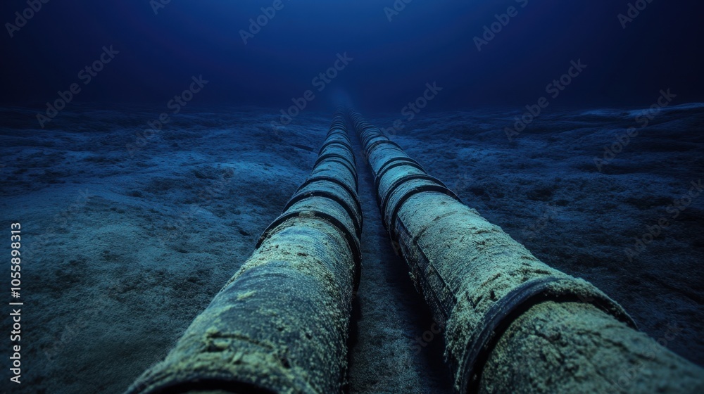 Infinite underwater cable lines the ocean floor, captured under faint light, symbolizing technological achievement Infinite underwater cable lines the ocean floor, captured under faint light, symbolizing technological achievement