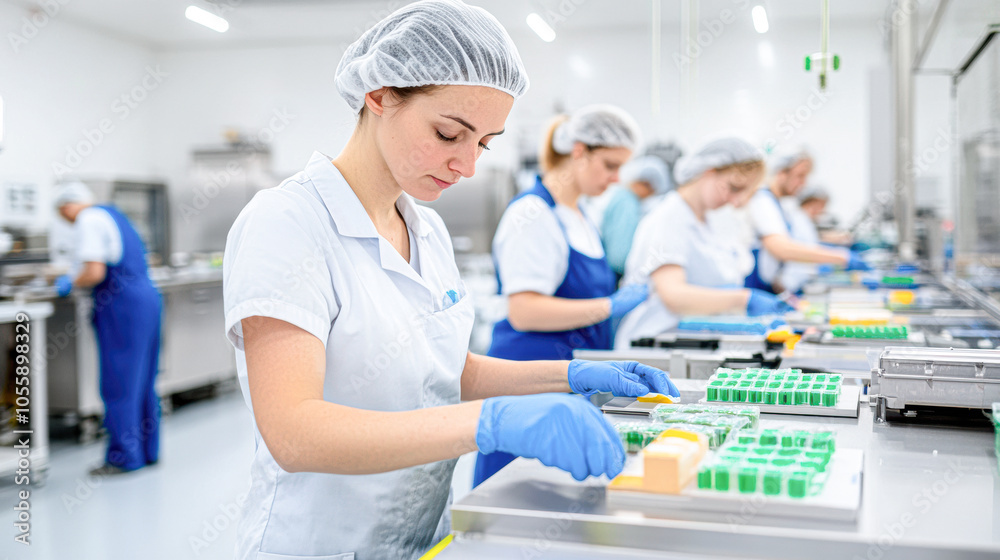 Dedicated workers in a modern food production facility a glimpse into the art of precision and hygiene in culinary production Dedicated workers in a modern food production facility a glimpse into the art of precision and hygiene in culinary production