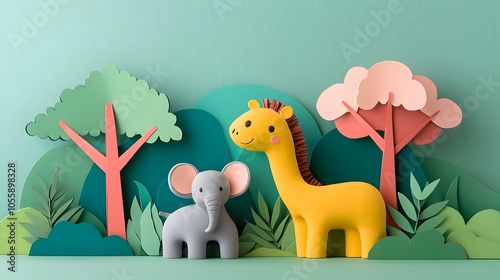 Fototapeta Naklejka Na Ścianę i Meble -  Playful 3D clay animals nestled in a vibrant layered paper cut jungle scene with geometric shapes and a modern minimalist design