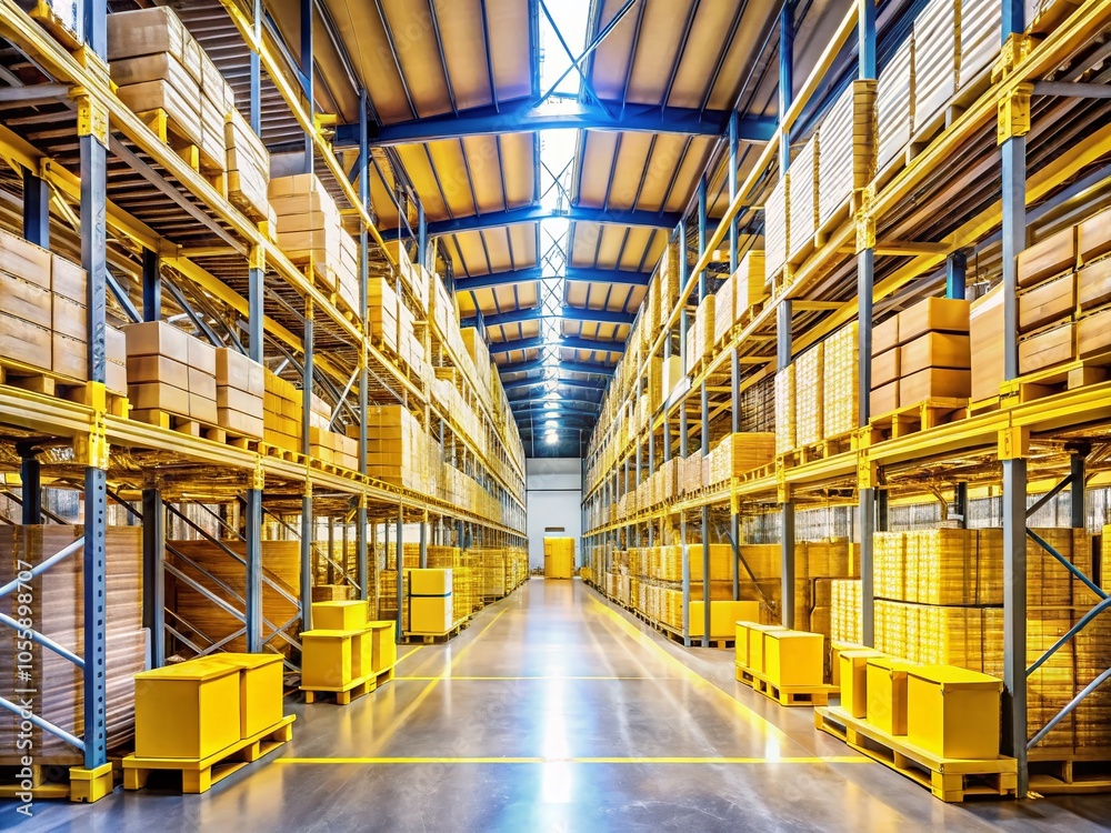 Fototapeta premium Modern Warehouse Interior with Efficient Storage Solutions and Organized Shelving Units