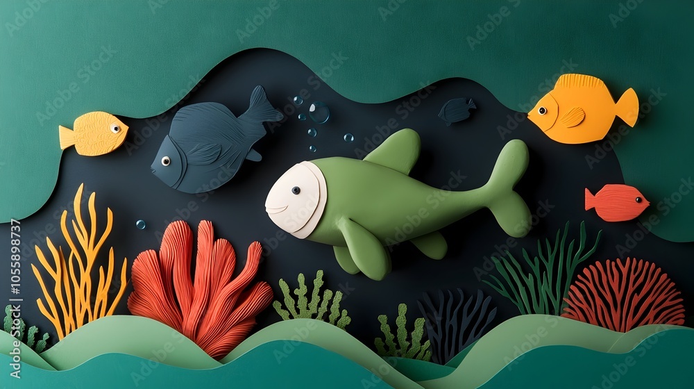 Captivating digital depicting playful 3D clay underwater creatures swimming in a vibrant paper cut ocean with layered coral reefs and colorful fish creating a surreal and enchanting underwater scene Captivating digital depicting playful 3D clay underwater creatures swimming in a vibrant paper cut ocean with layered coral reefs and colorful fish creating a surreal and enchanting underwater scene