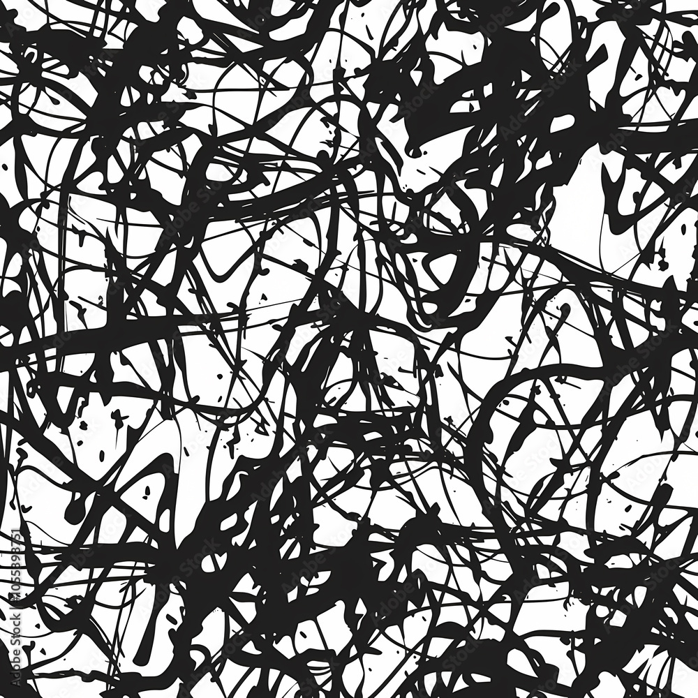 Obraz premium Abstract black and white texture featuring chaotic splatters and lines, creating a dynamic and energetic visual.
