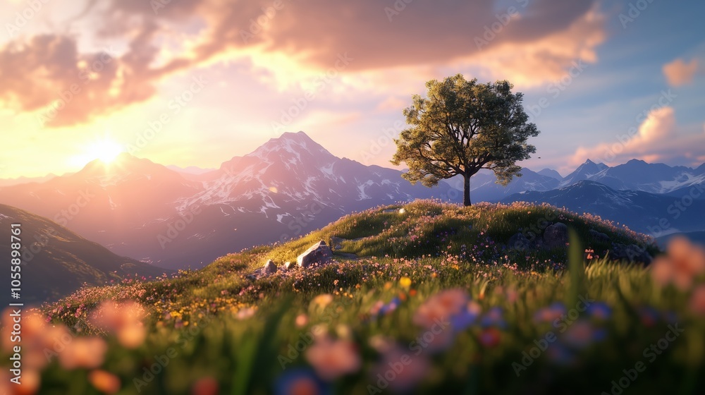 Fototapeta premium A serene sunset over rolling hills with a solitary tree surrounded by colorful wildflowers in a mountainous landscape