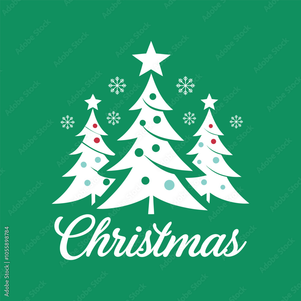 Elegant White Christmas Trees with Snowflakes on Green Background - Festive Holiday Greeting Design Elegant White Christmas Trees with Snowflakes on Green Background - Festive Holiday Greeting Design