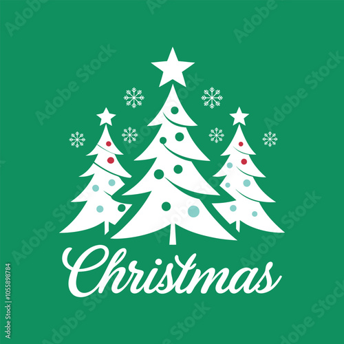 Elegant White Christmas Trees with Snowflakes on Green Background - Festive Holiday Greeting Design