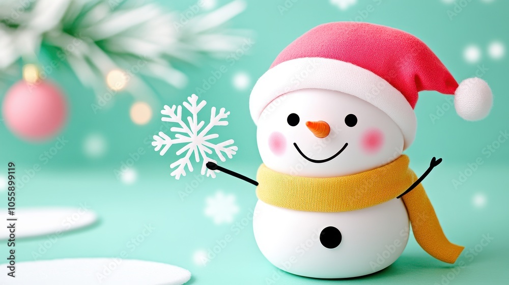 Cheerful Snowman Holding a Snowflake on a Winter Background Cheerful Snowman Holding a Snowflake on a Winter Background