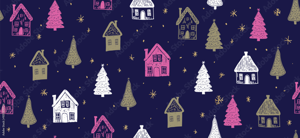 Christmas houses with tree pattern on blue Christmas houses with tree pattern on blue