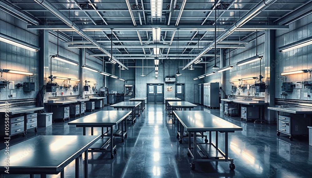 A spacious room filled with numerous tables scattered throughout it A spacious room filled with numerous tables scattered throughout it