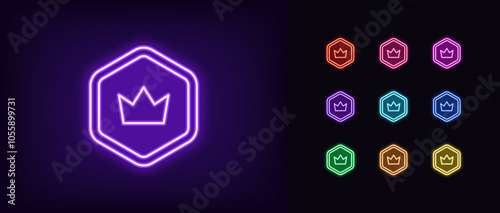 Outline neon royal token icon set. Glowing neon crypto token with crown icon. Royal crypto coin, win virtual money, game chip reward, cryptocurrency award, digital token and altcoin. Vector icons