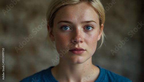 Joy, a 17 year old woman, short blonde hair, blue eyes, freckles.