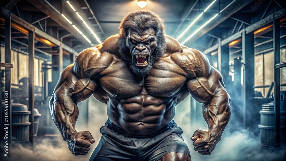 Muscular Gorilla Bodybuilder Pose in Long Exposure for Fitness and Strength Imagery Muscular Gorilla Bodybuilder Pose in Long Exposure for Fitness and Strength Imagery