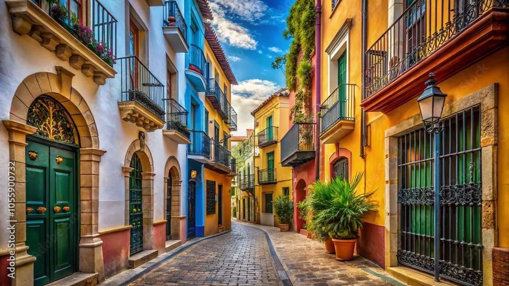 Obraz premium Narrow Streets of Arenys de Mar: Colorful Facades and Balconies in Catalonia, Spain