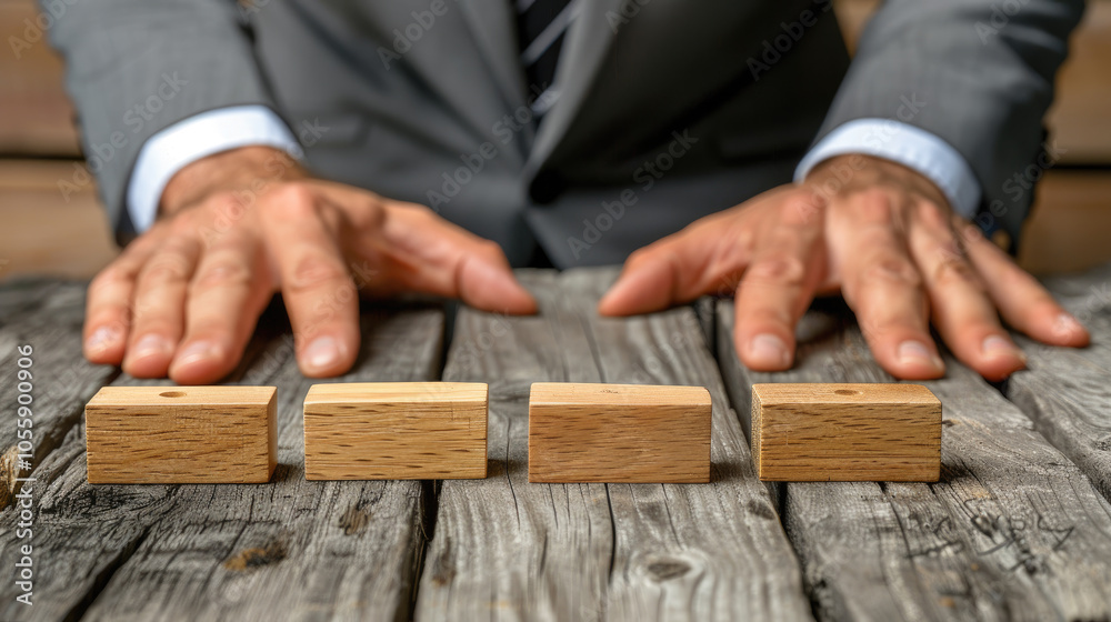 Businessman in a gray suit thoughtfully arranges five wooden blocks on a rustic table