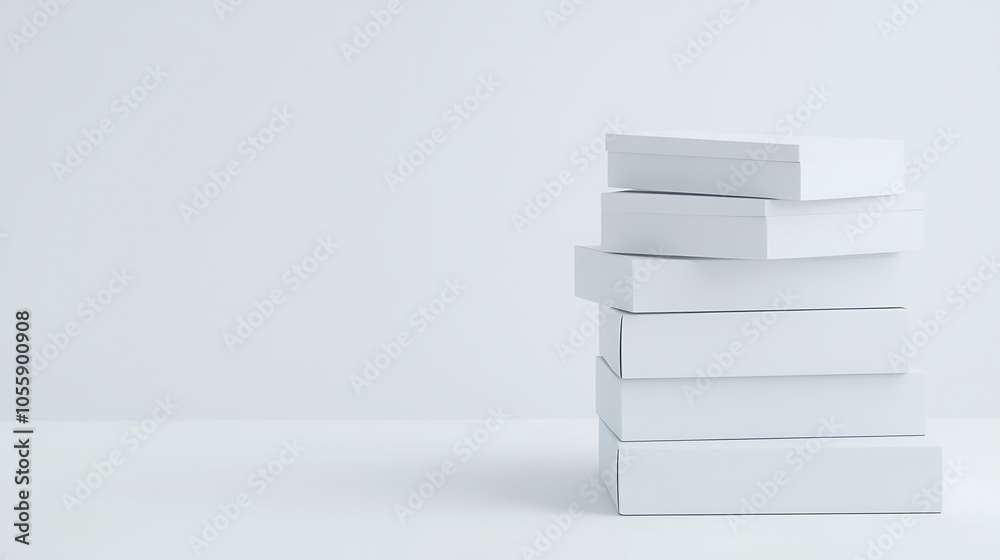 Stack of blank packaging boxes with minimal design, on a clean white surface with soft lighting Stack of blank packaging boxes with minimal design, on a clean white surface with soft lighting