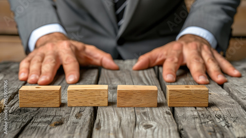 Businessman in a gray suit thoughtfully arranges five wooden blocks on a rustic table