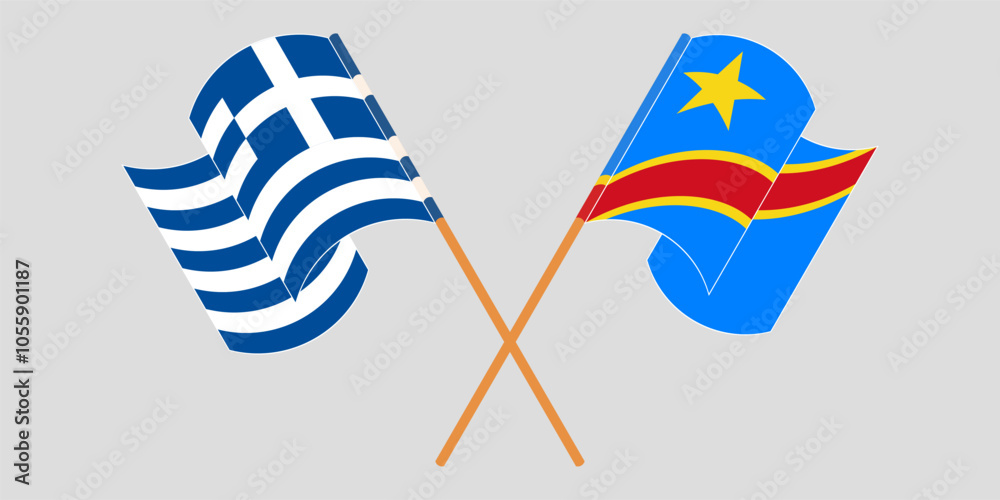 Crossed and waving flags of Greece and Democratic Republic of the Congo. Vector illustration Crossed and waving flags of Greece and Democratic Republic of the Congo. Vector illustration