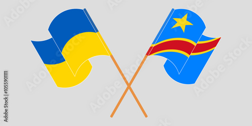 Crossed and waving flags of Ukraine and Democratic Republic of the Congo. Vector illustration