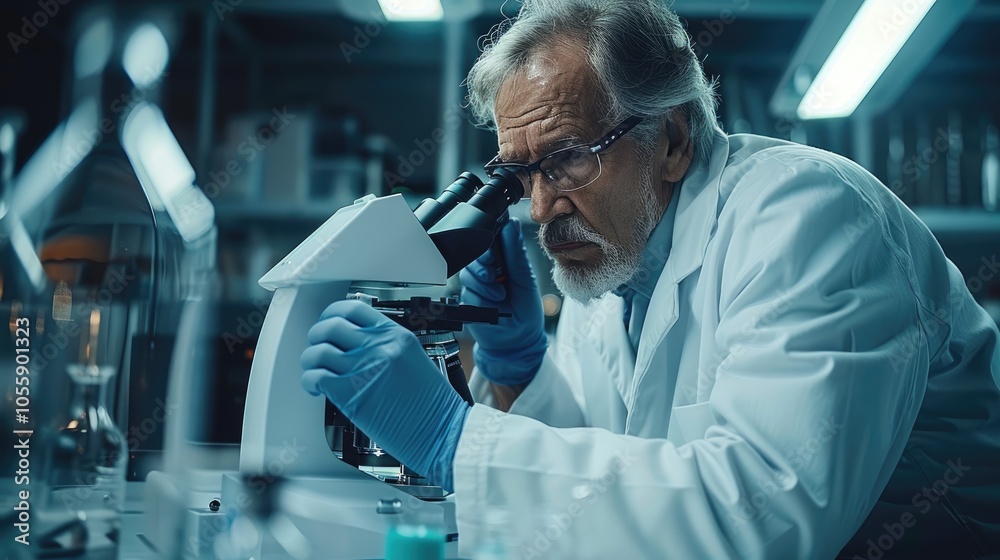 Scientist in a lab coat carefully analyzing samples using a microscope in a research laboratory