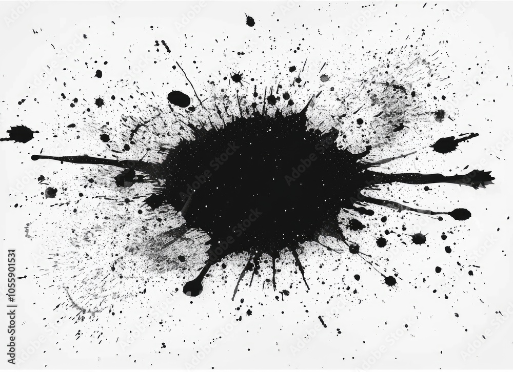 Dynamic black splash paint strokes creating an abstract stain on white canvas Dynamic black splash paint strokes creating an abstract stain on white canvas