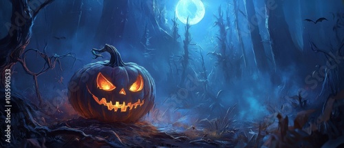 Eerie pumpkin with sinister grin bathed in moonlight among creepy forest shadows