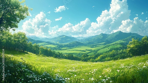 Sunny Meadow with White Flowers and Green Mountains in the Background