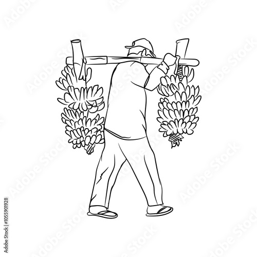 Illustration of a grandfather lifting freshly cut bananas