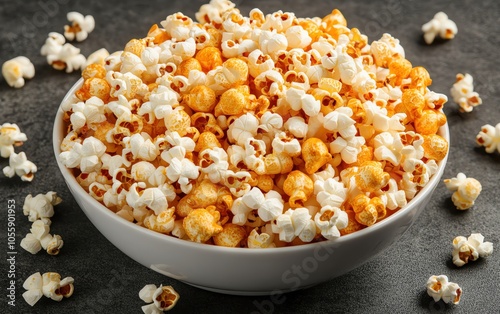 Popcorn arranged in a bowl, scattered kernels on dark surface, creating contrast and texture, Popcorn, dynamic food styling