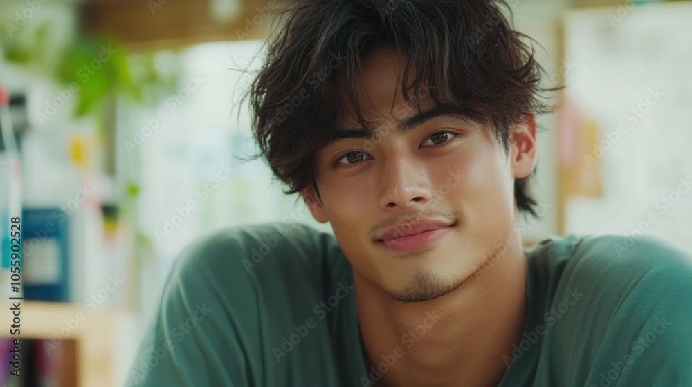 春の静けさ：優しい笑顔の日本人アーティストのクローズアップポートレート