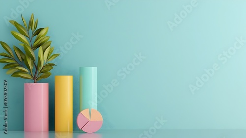 Whimsical pastel colored 3D bar charts pie graphs and line plots creating an engaging data presentation with shadowy depth Precisely crafted infographic components on a sleek office desk backdrop