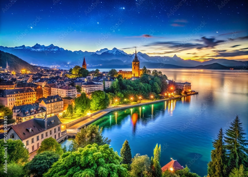 Fototapeta premium Night Photography of Lausanne, Switzerland: Lake Embankment and City Panorama in Summer Aerial View