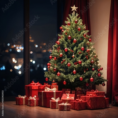 Christmas tree with near red color gifts and background are blurred in night