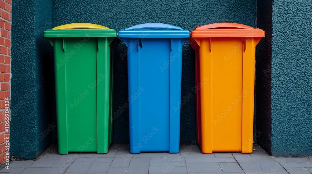 Vibrant trash bins placed in a narrow city alley viewed from an elevated perspective highlighting the importance of urban waste management and recycling efforts Vibrant trash bins placed in a narrow city alley viewed from an elevated perspective highlighting the importance of urban waste management and recycling efforts