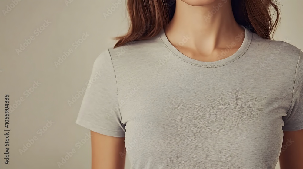 Woman wearing a plain sports shirt mockup in light gray, standing against a neutral background Woman wearing a plain sports shirt mockup in light gray, standing against a neutral background