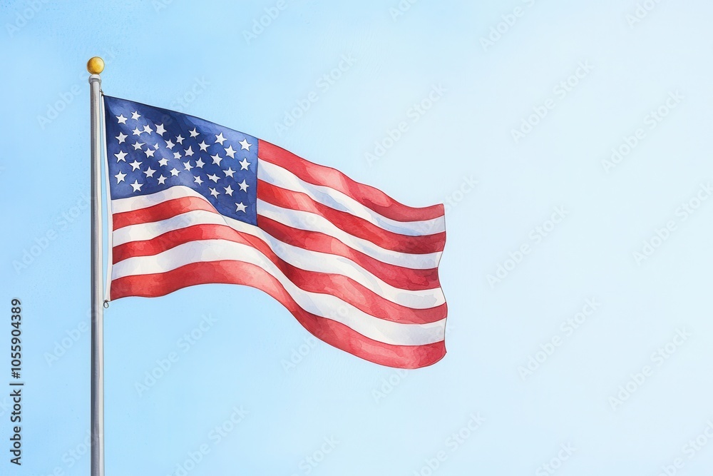 Fototapeta premium Veterans Day watercolor with American flag concept. An illustration of the American flag waving against a bright clear blue sky