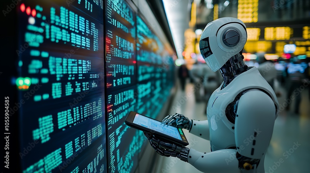 Robotic traders using tablet computers in a futuristic stock market environment. Robotic traders using tablet computers in a futuristic stock market environment.
