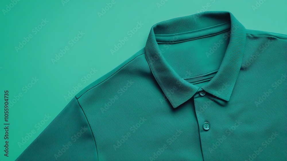 Flat lay of a blank green sports shirt mockup with collar details, lying on a minimalist background Flat lay of a blank green sports shirt mockup with collar details, lying on a minimalist background