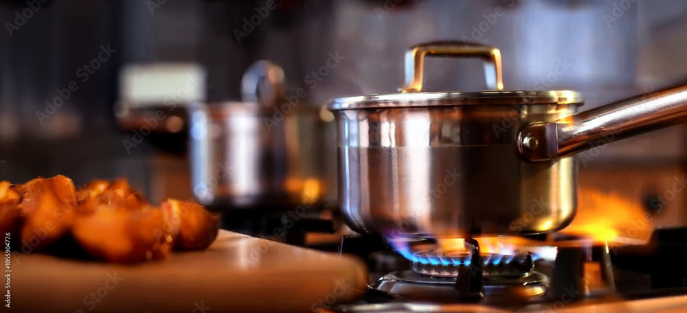Cacerola al fuego en una cocina cálida