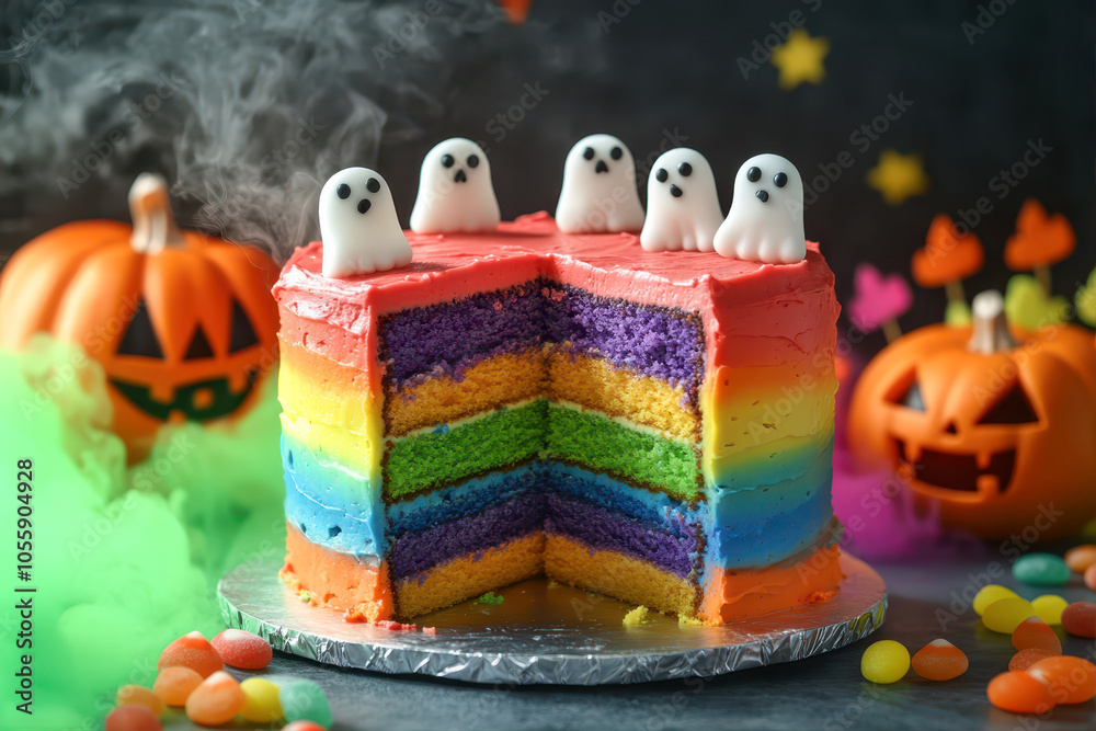 Obraz premium A Colorful Rainbow Cake With Spooky Ghosts and Halloween Decorations for Festive Celebrations