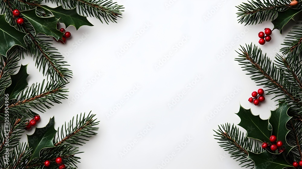 Handwritten Merry Christmas message on a weathered chalkboard surrounded by festive pine branches holly and red berries set in a snowy winter landscape with a wide overhead view Handwritten Merry Christmas message on a weathered chalkboard surrounded by festive pine branches holly and red berries set in a snowy winter landscape with a wide overhead view