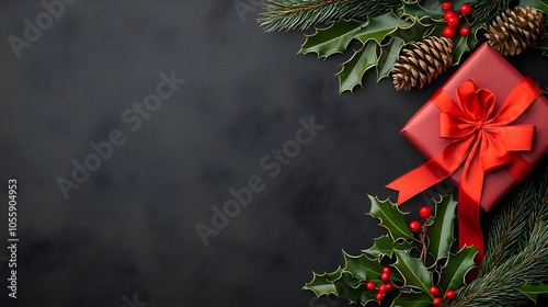 Vintage chalkboard with a beautifully calligraphed  Merry Christmas  message adorned with lush green holly leaves pine cones and a vibrant red satin ribbon photo