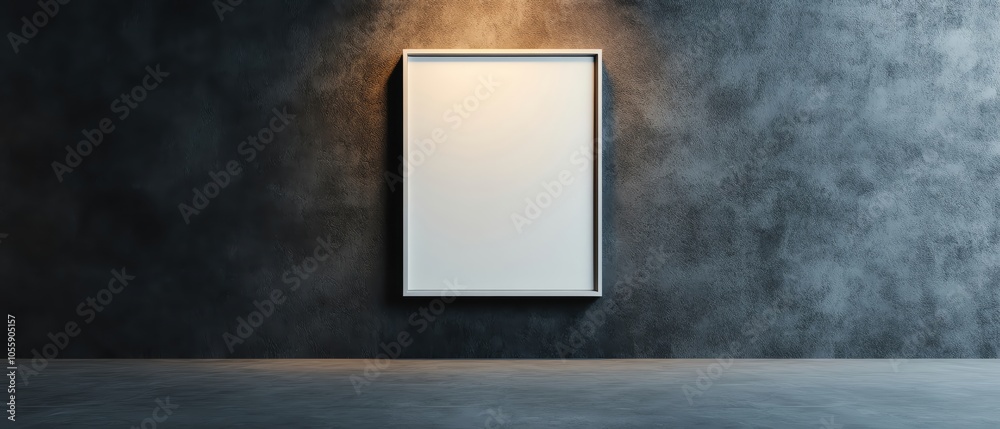 Spotlighted empty picture frame on a dark gallery wall, dramatic lighting highlighting frame edges in a minimalist art space Spotlighted empty picture frame on a dark gallery wall, dramatic lighting highlighting frame edges in a minimalist art space