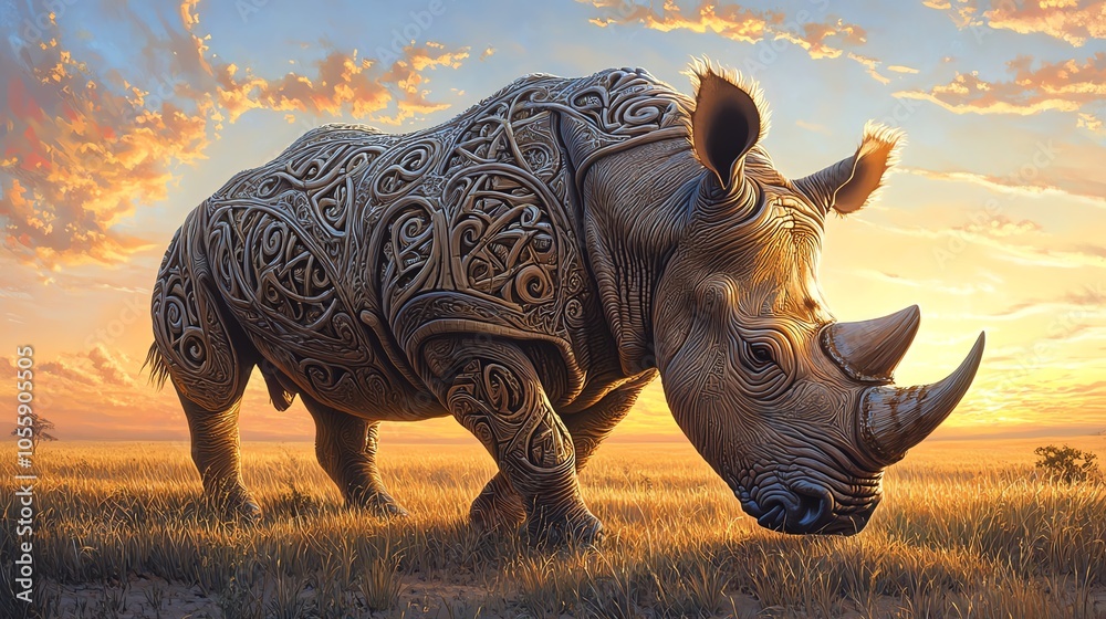 Fototapeta premium Ornate rhinoceros in sunset grassland