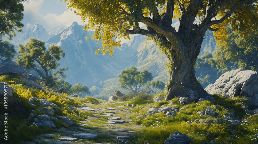 Majestic Tree and Mountain Path in Serene Valley Majestic Tree and Mountain Path in Serene Valley