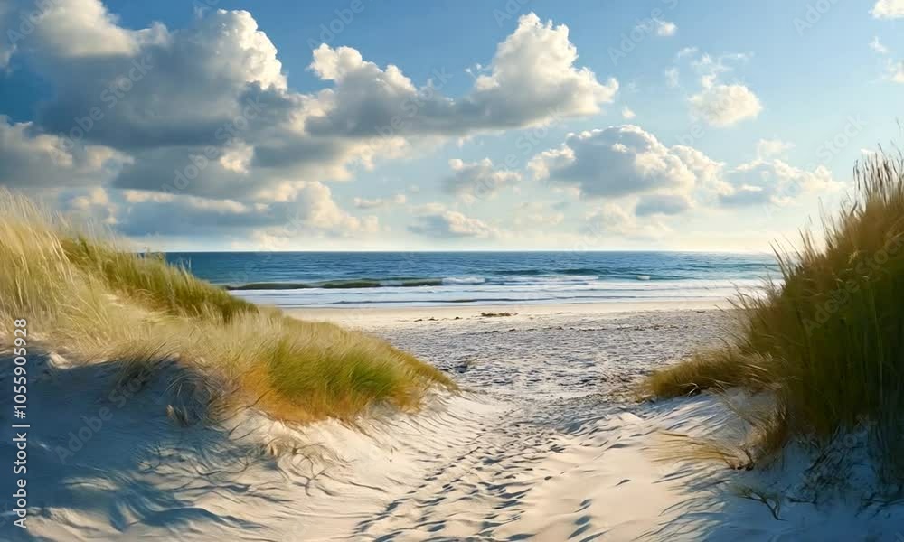 Scenic beach pathway with sand dunes and ocean view.