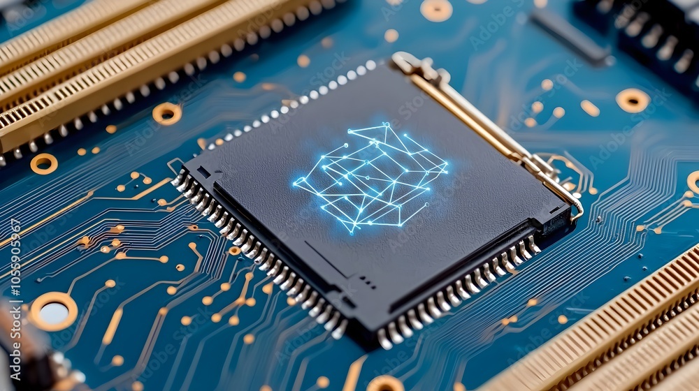 Futuristic abstract digital of a motherboard with a blue gradient and a circuit board design filled with connected dots symbolizing intelligence and technological innovation Futuristic abstract digital of a motherboard with a blue gradient and a circuit board design filled with connected dots symbolizing intelligence and technological innovation