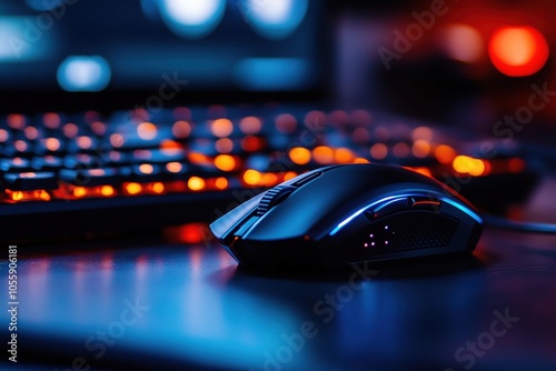 Close-up of a gaming mouse on a desk with illuminated keyboard, dark ambient light.