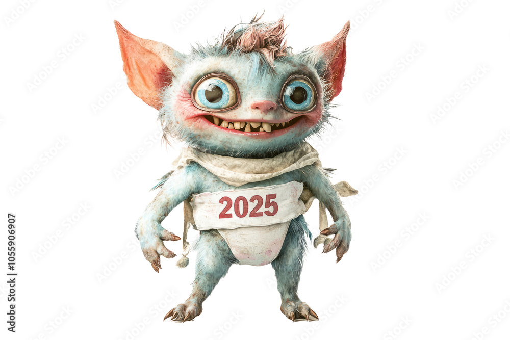 Tiny monster in diaper and with ribbon 2025, New Year baby, New Year 2025 design Tiny monster in diaper and with ribbon 2025, New Year baby, New Year 2025 design